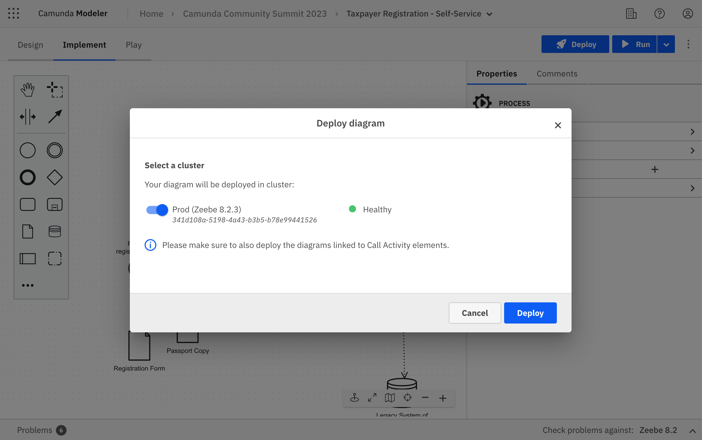 The deploy dialog of a BPMN diagram