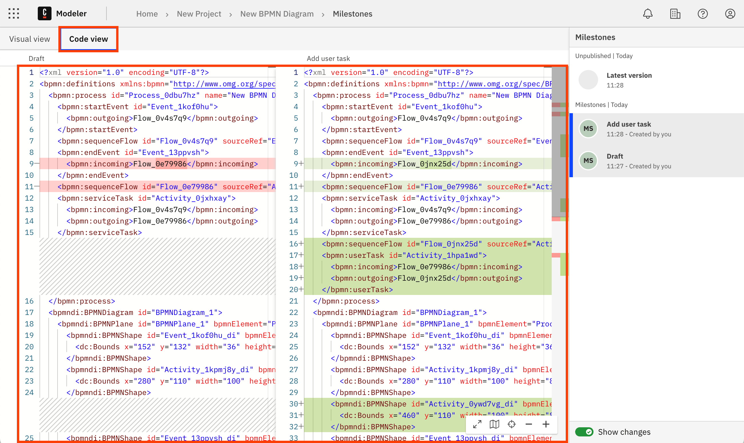 milestones diffing in code view