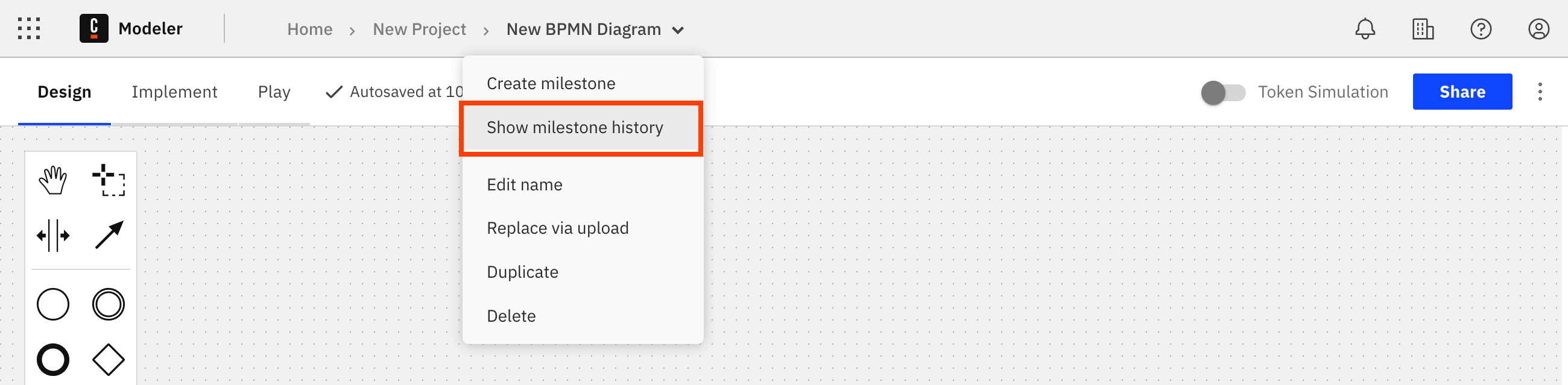 Milestone history showing the History breadcrumb menu option