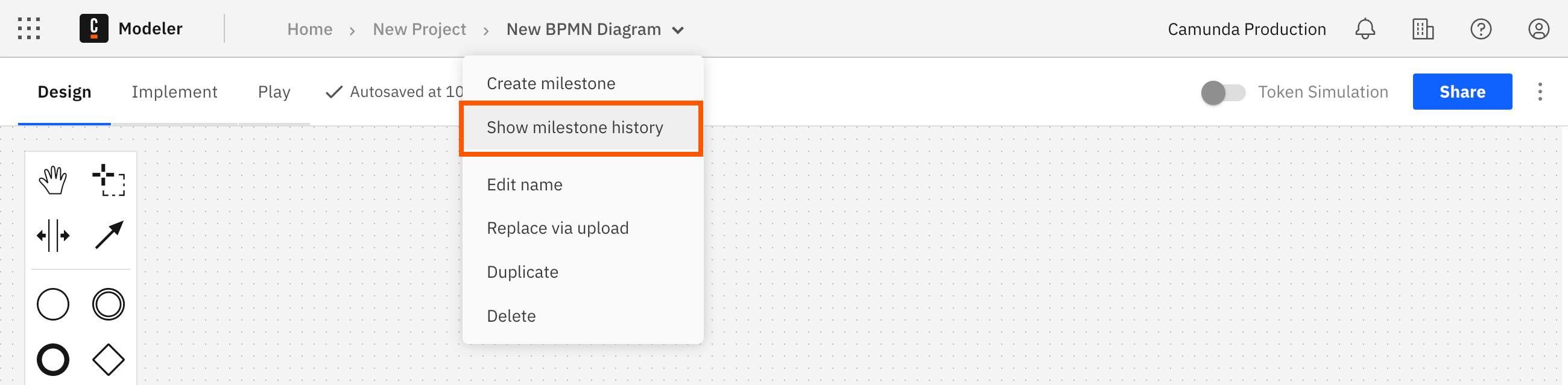 Milestone history showing the History breadcrumb menu option