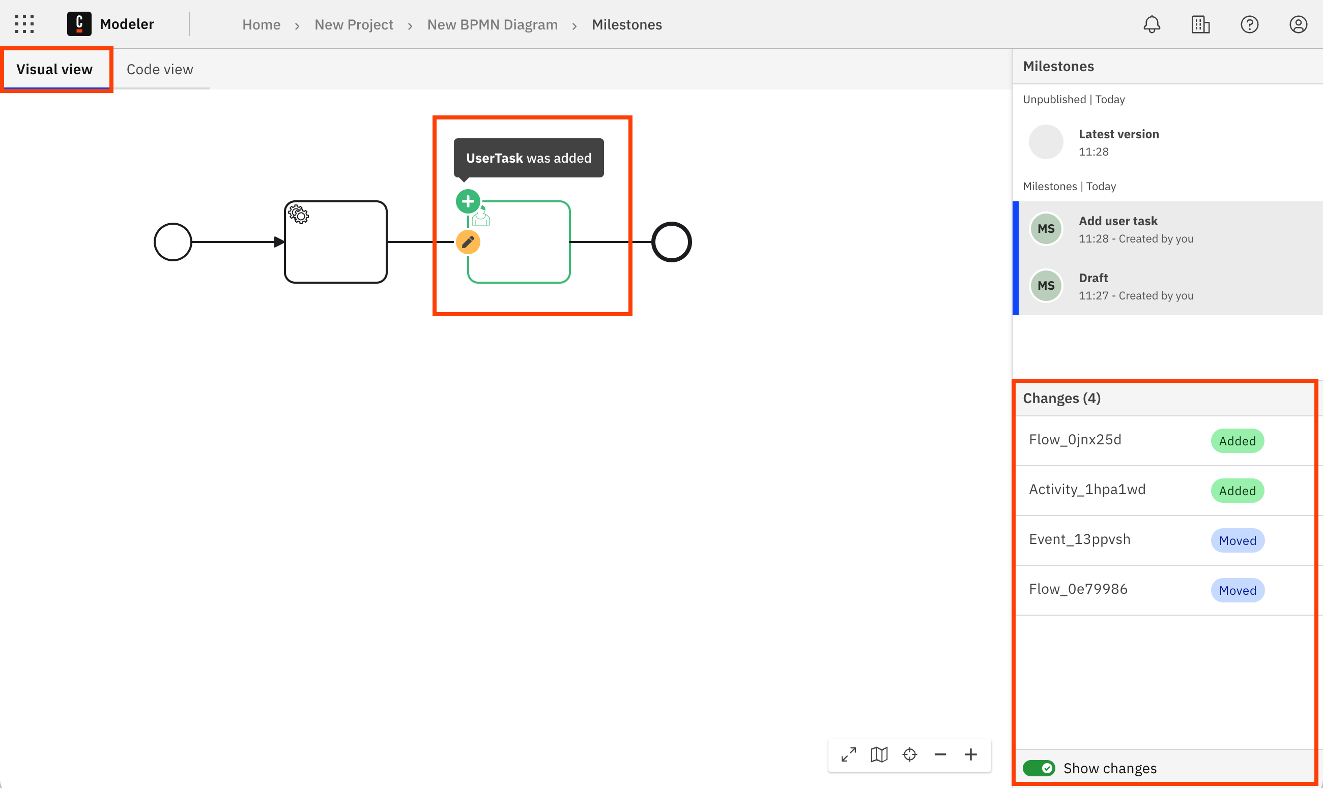 milestones diffing in visual view