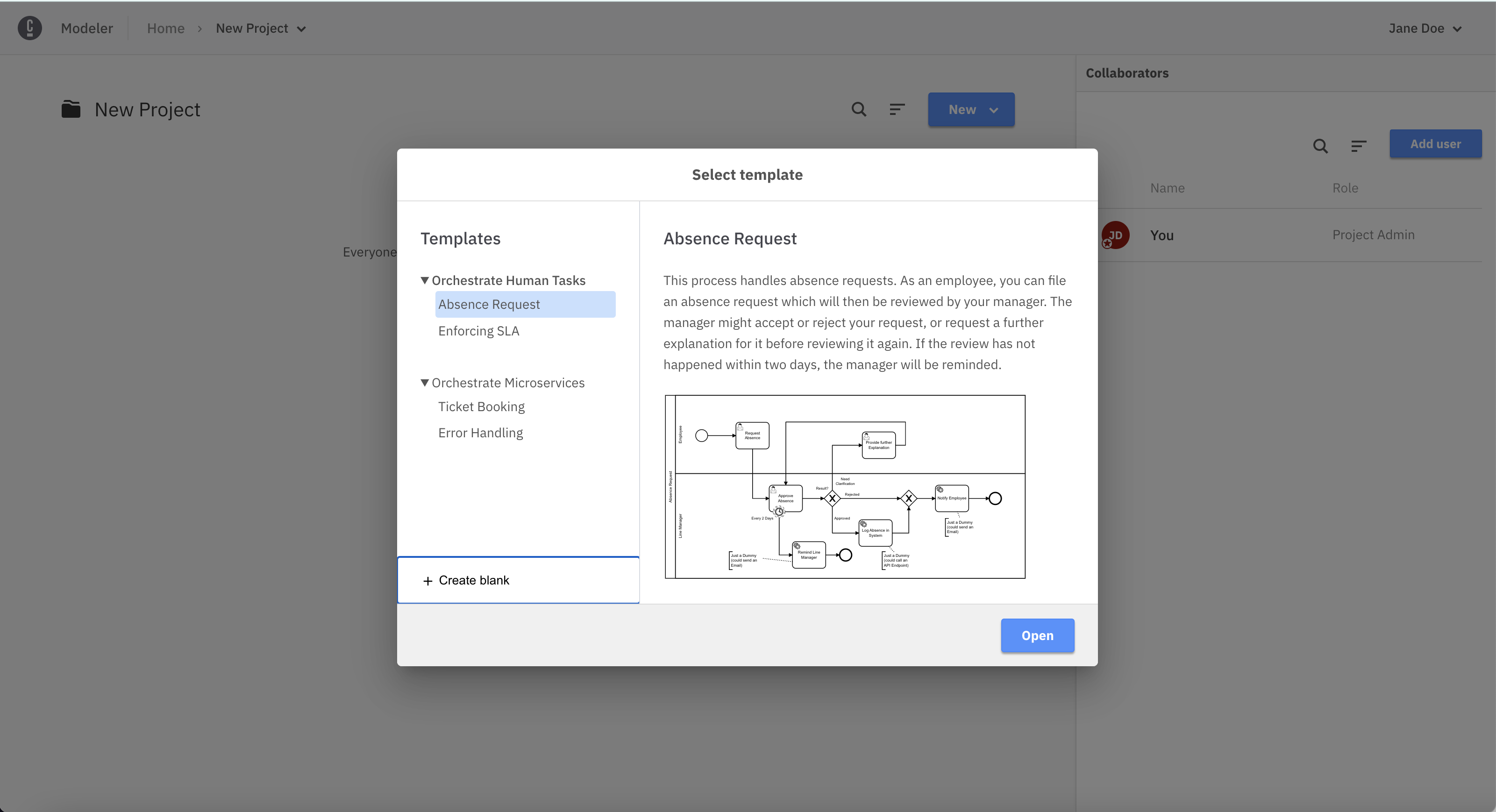 web modeler new diagram modal